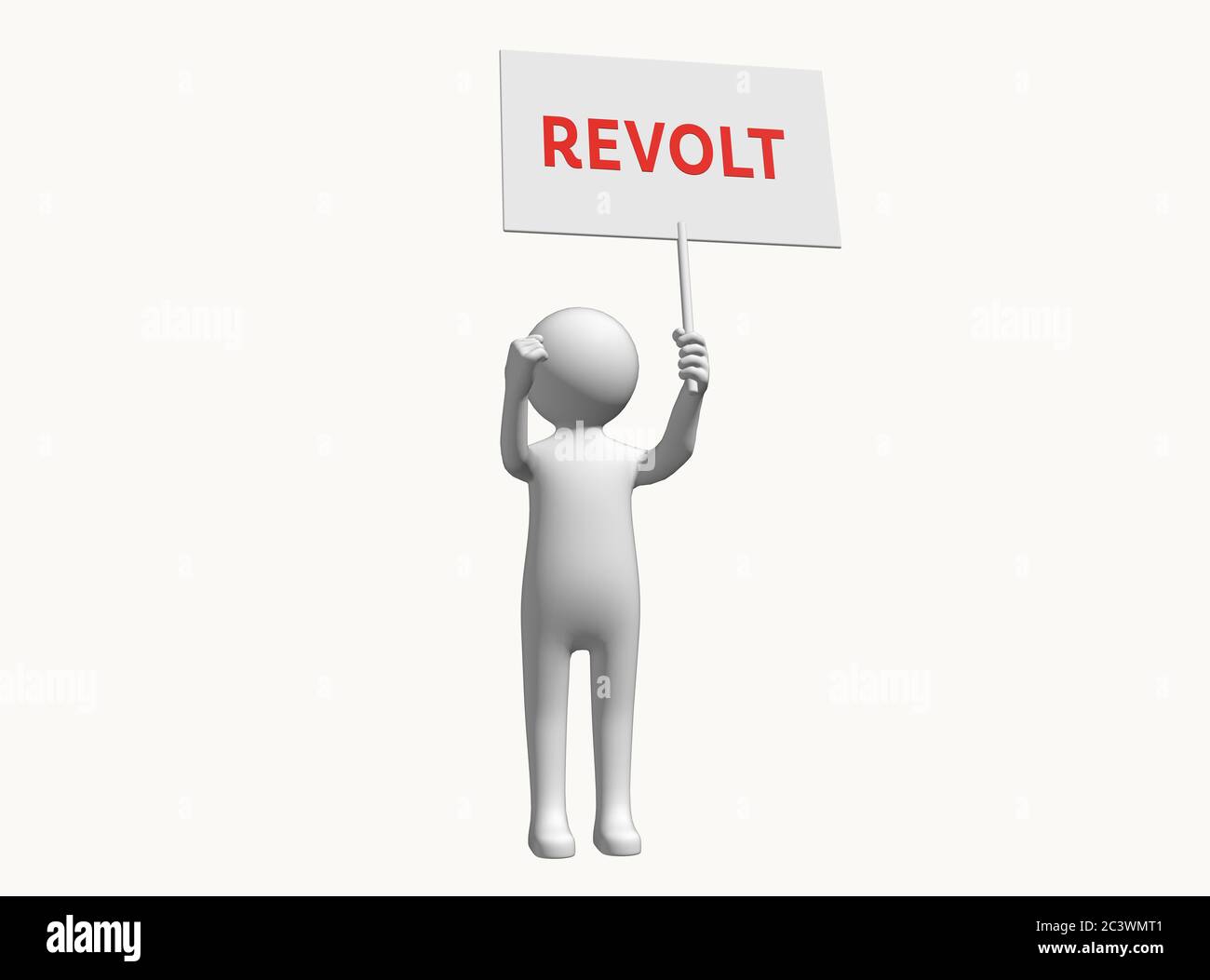 Anonymer 3D-Charakter mit Zeichen protestiert für Revolution und Revolte Stockfoto