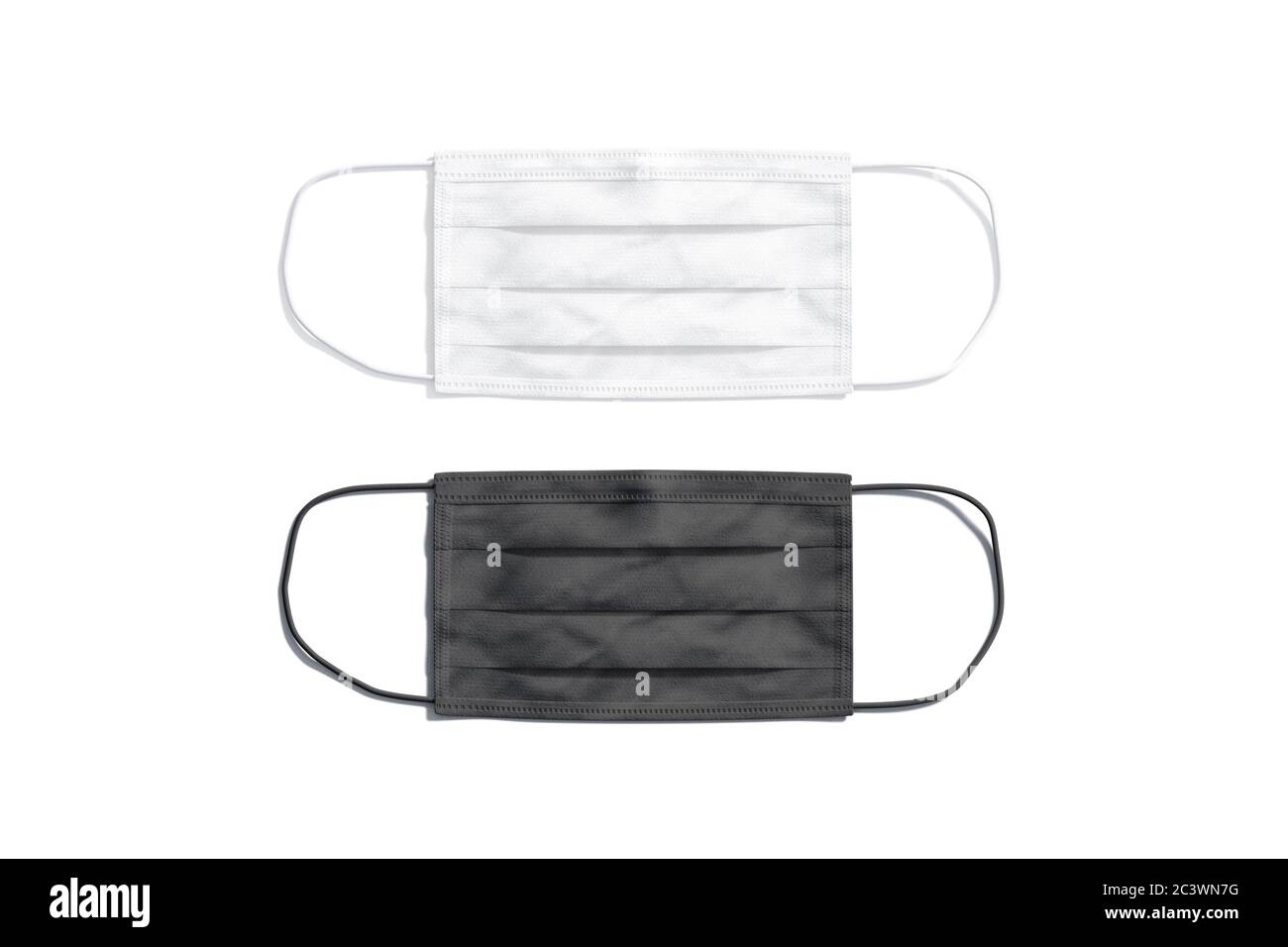 Blanke schwarz-weiße medizinische Schutzmaske Mockup, Draufsicht Stockfoto