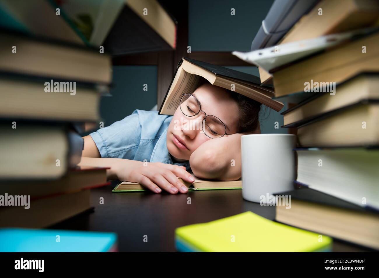 Ein junges Studentenmädchen schlief auf einem Buch ein, das sich versteckt hatte Hinter einem anderen Buch Stockfoto