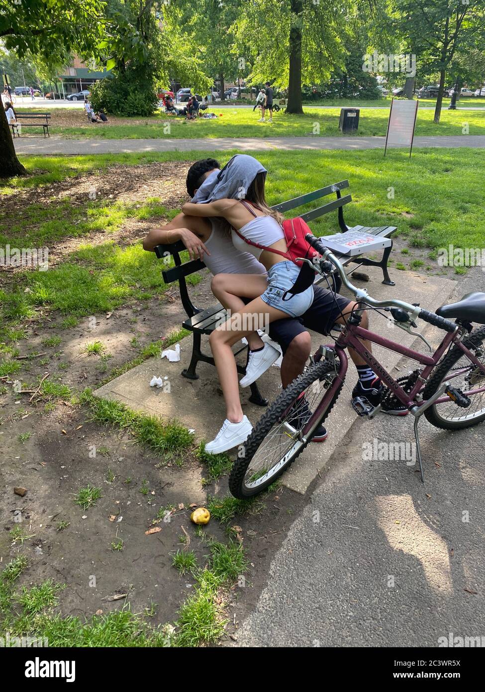 Liebe und Romantik sind manchmal Präzedenzfall für die "soziale Distanzierung" während der Covid-19-Pandemie, wie sie hier im Prospect Park, Brooklyn, New York, zu sehen ist. Stockfoto