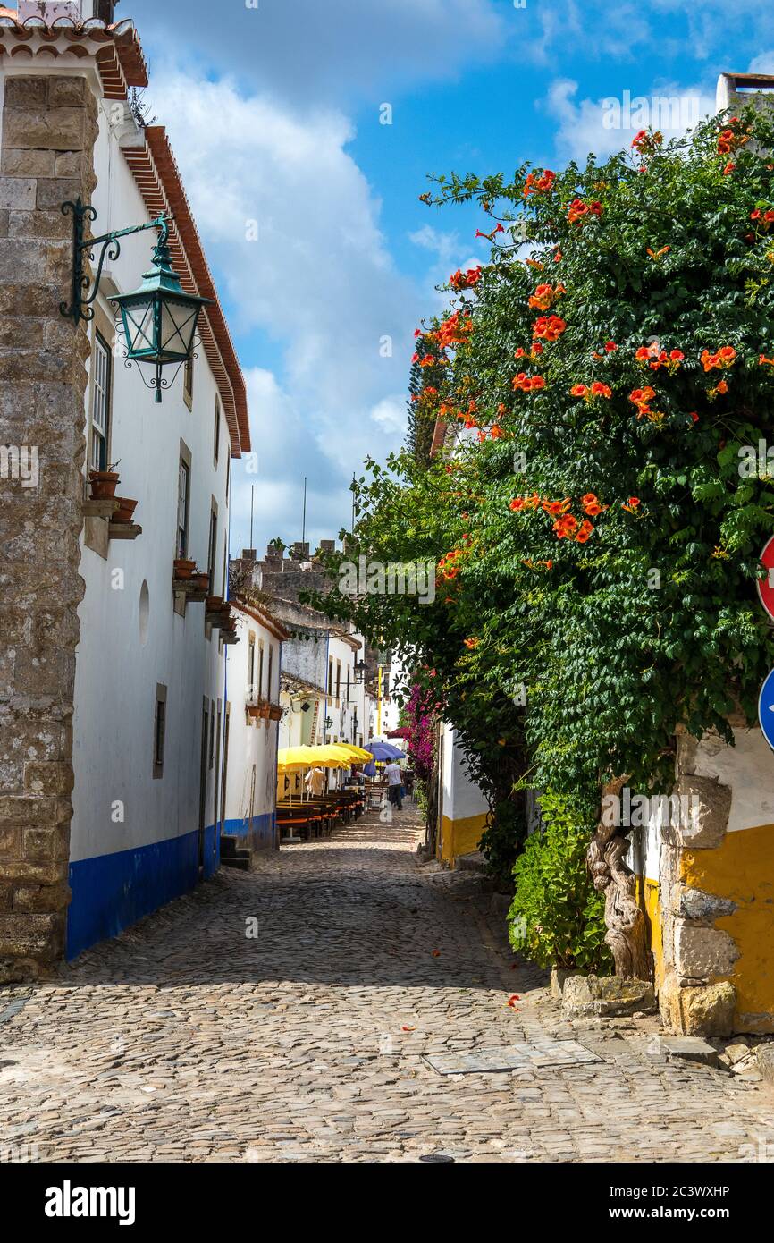Blick auf gepflasterte schmale Straße im mittelalterlichen Obidos Dorf Portugal Stockfoto