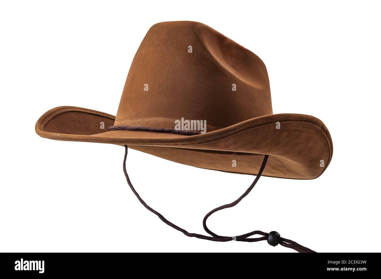 Rodeo Reiter, Wild West Kultur, Americana und amerikanische Country Musik Konzept Thema mit einem braunen Leder Cowboy Hut mit hängenden Saiten isoliert Stockfoto