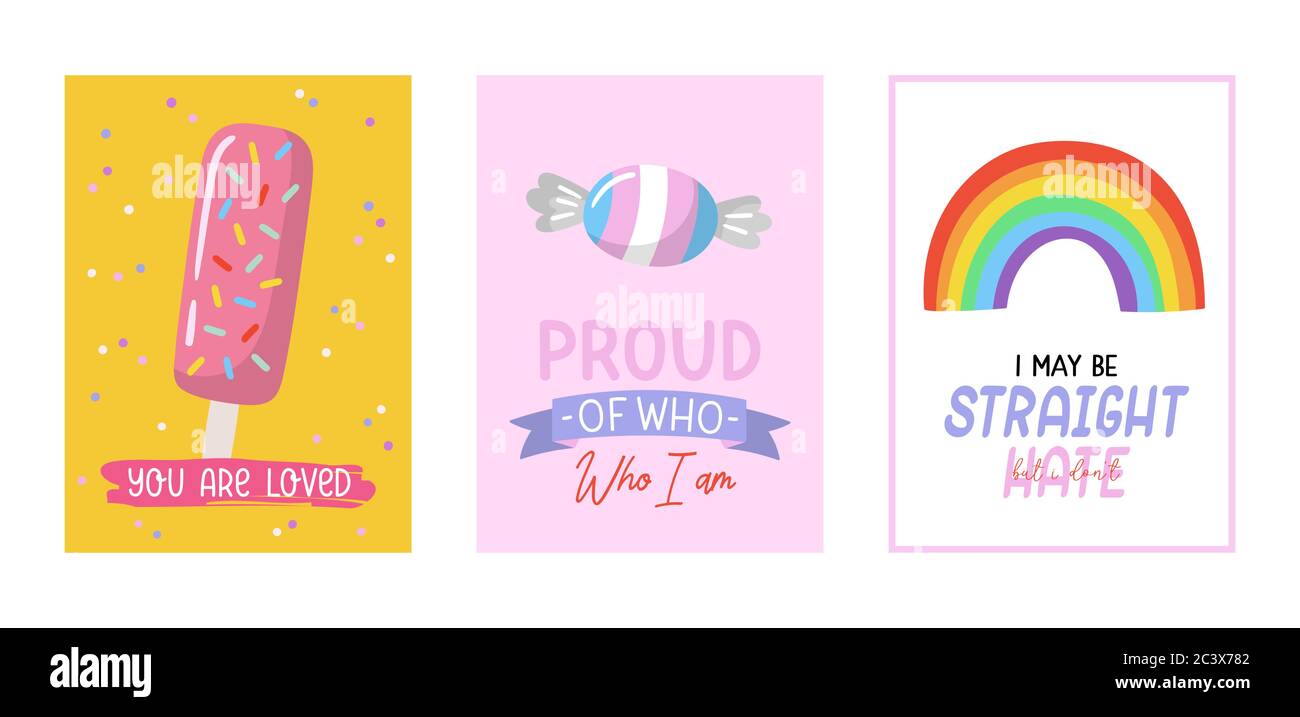 LGBTQ-stolz-Kartensatz. Schöne und niedliche Gleichheitssymbole und Typografie. Handgezeichnete Vektorgrafik. Stock Vektor