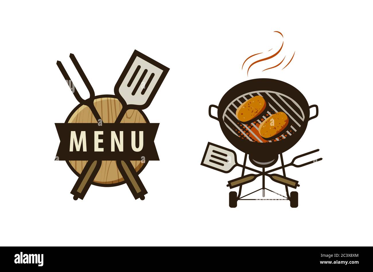Grill Logo oder Etikett. Menügestaltung für Café und Restaurant Stock Vektor