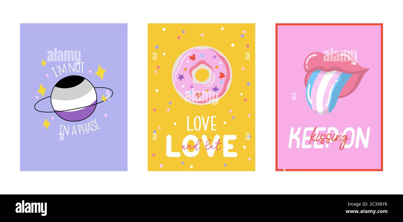 LGBTQ-stolz-Kartensatz. Schöne und niedliche Gleichheitssymbole und Typografie. Vektor handgezeichnete Illustrationen und Schriftzüge. Stock Vektor