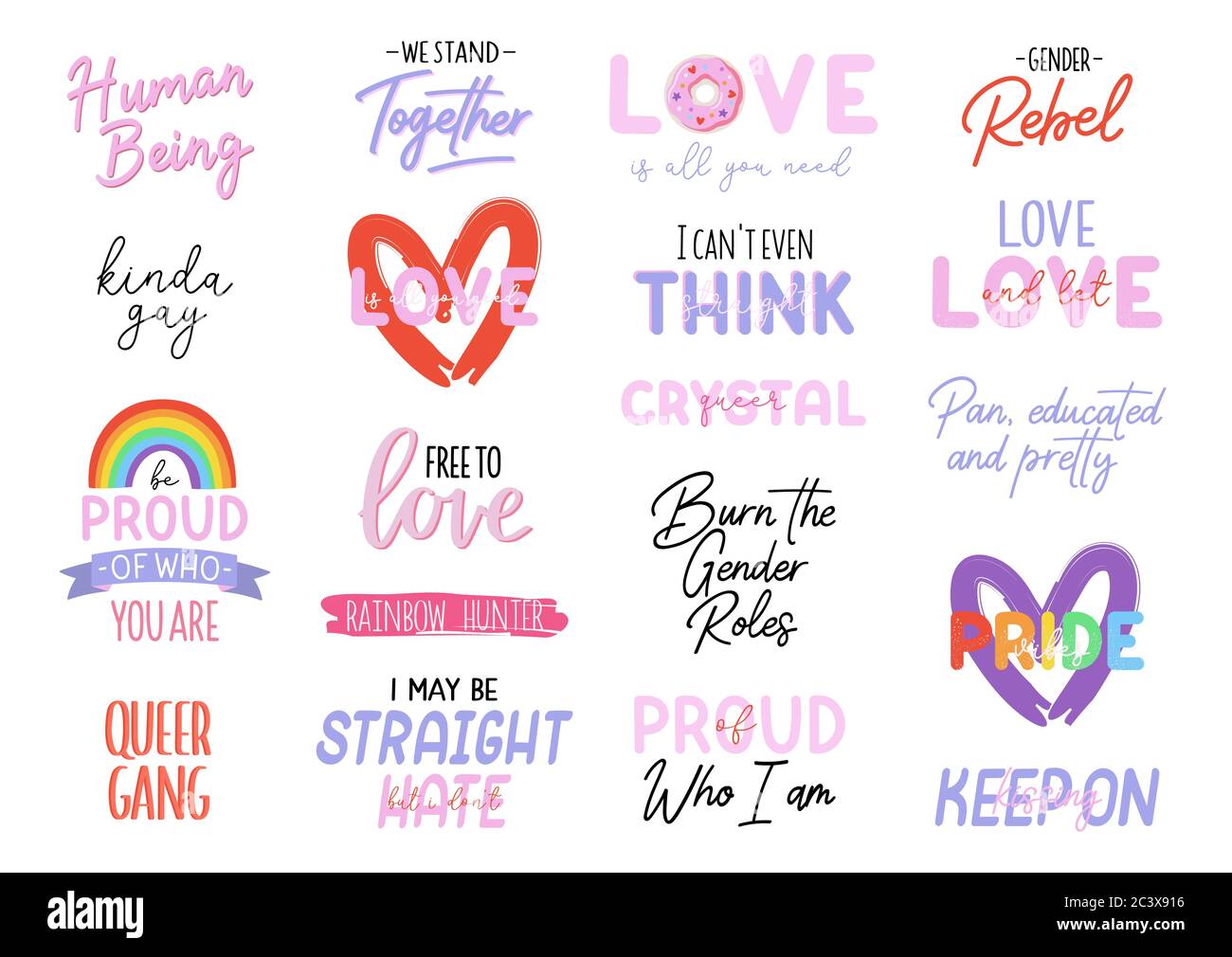 LGBTQ Pride Print mit Gleichheitssymbolen und schöner Typografie. Vektor handgezeichnete Illustrationen und Schriftzüge. Stock Vektor