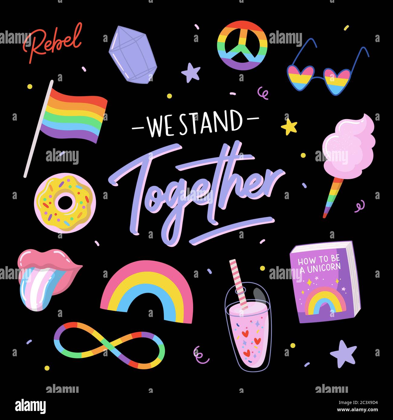 LGBTQ Pride Print mit Gleichheitssymbolen und schöner Typografie. Vektor handgezeichnete Illustrationen und Schriftzüge. Stock Vektor