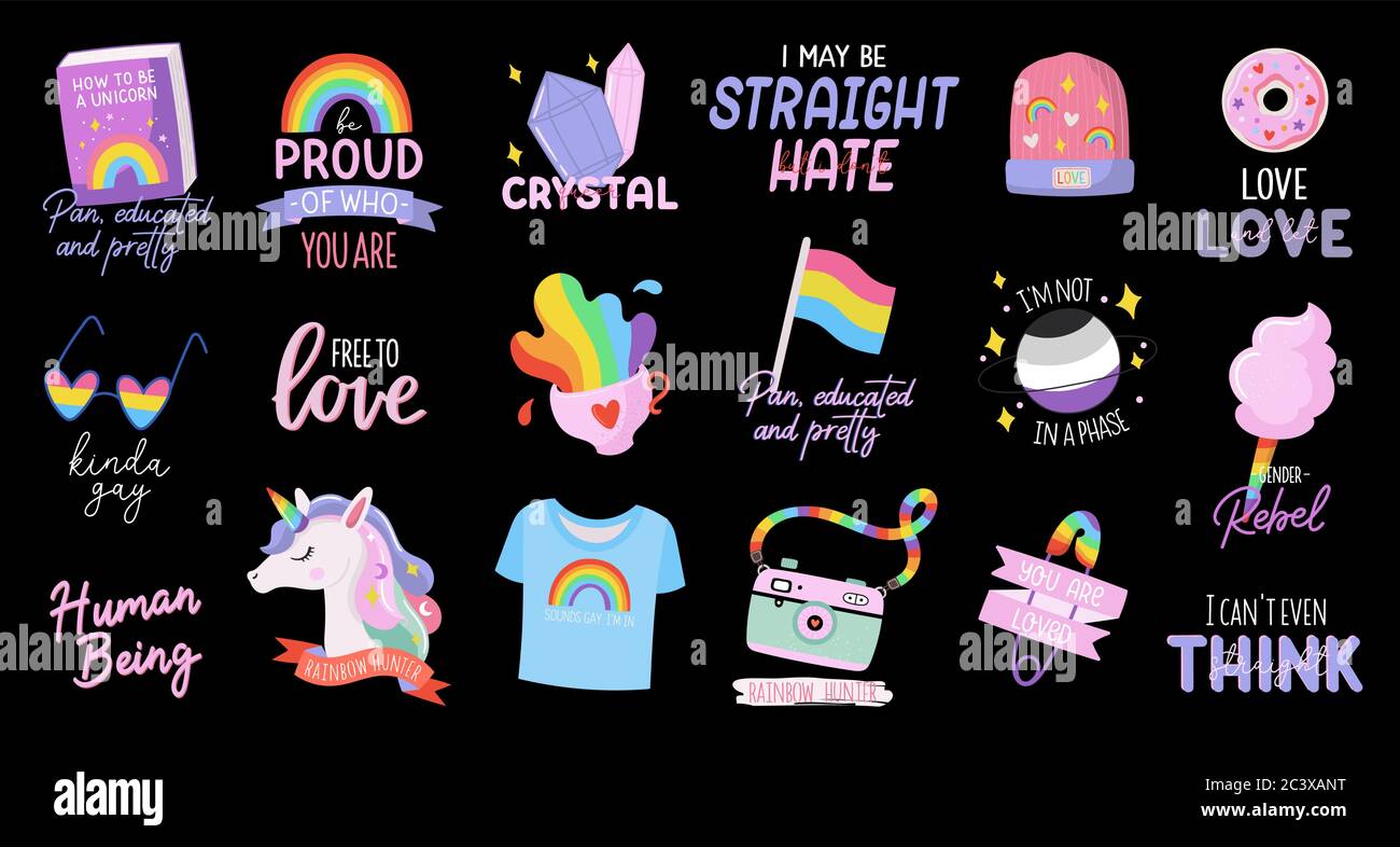 Farbenfrohes LGBTQ-stolz-Muster. Schöne und niedliche Gleichheitssymbole und Typografie. Vektor handgezeichnete Illustrationen und Schriftzüge. Stock Vektor