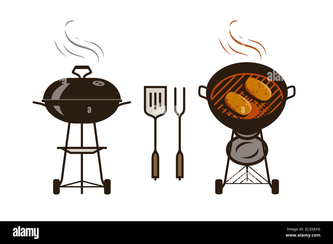 Grill Logo oder Etikett. Brazier, Lebensmittelvektordarstellung Stock Vektor