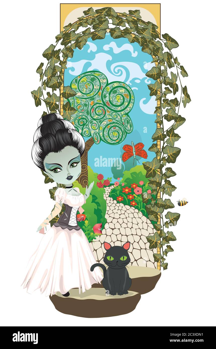 Die Braut Frankensteins am Tor der geheimen Gartenillustration. Stock Vektor