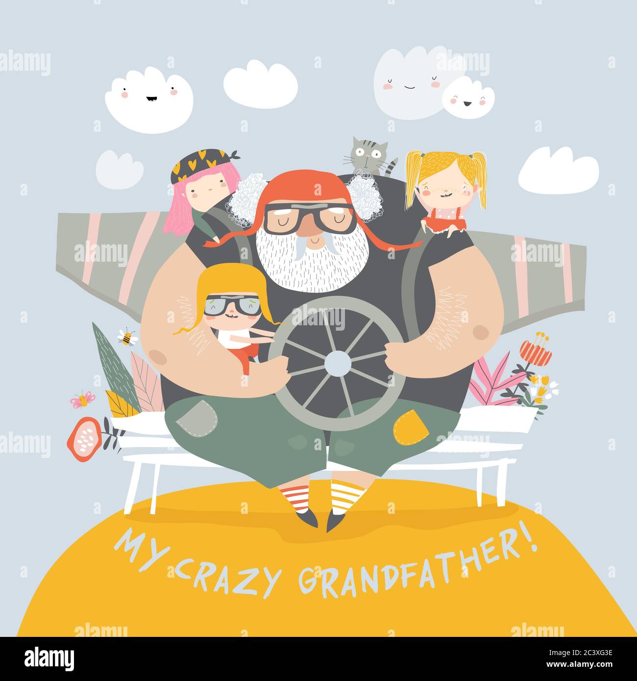 Verrückter Großvater mit Enkeln, die Flugzeugpiloten spielen Stock Vektor