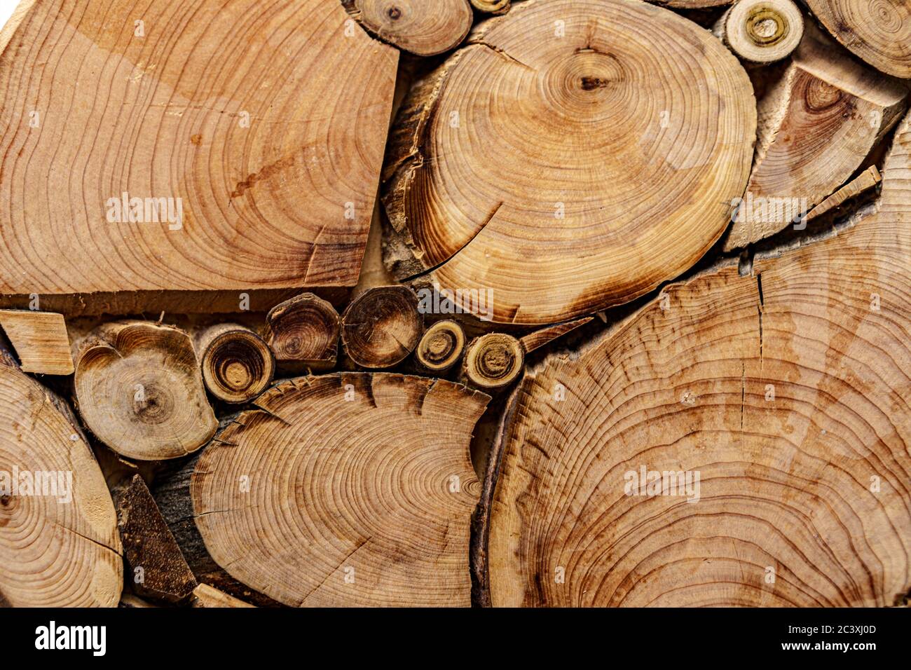 Bildschirmschoner, Hintergründe, Texturen, Holzbearbeitungskonzept - ein Holzhintergrund aus geschnittenen Baumstämmen unterschiedlicher Durchmesser in Form eines Stockfoto