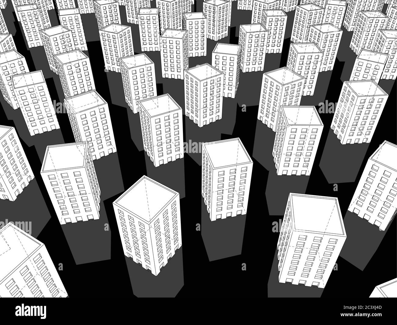 Viele weiße Wohngebäude oder Bürotürme stehen chaotisch auf schwarzem Grund Stock Vektor