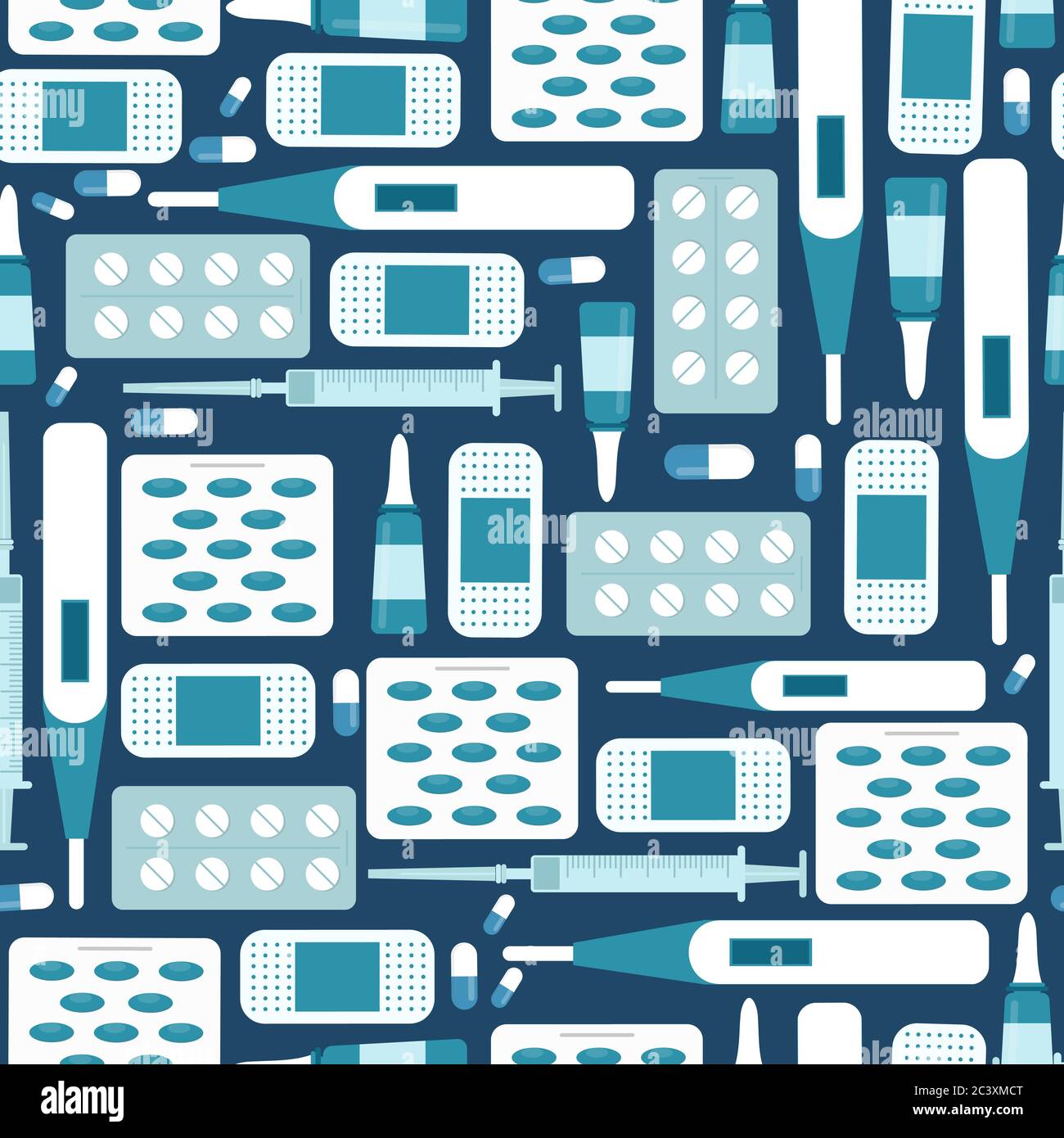 Pillen, Thermometer, Bänder über blau, nahtlose Muster Stock Vektor
