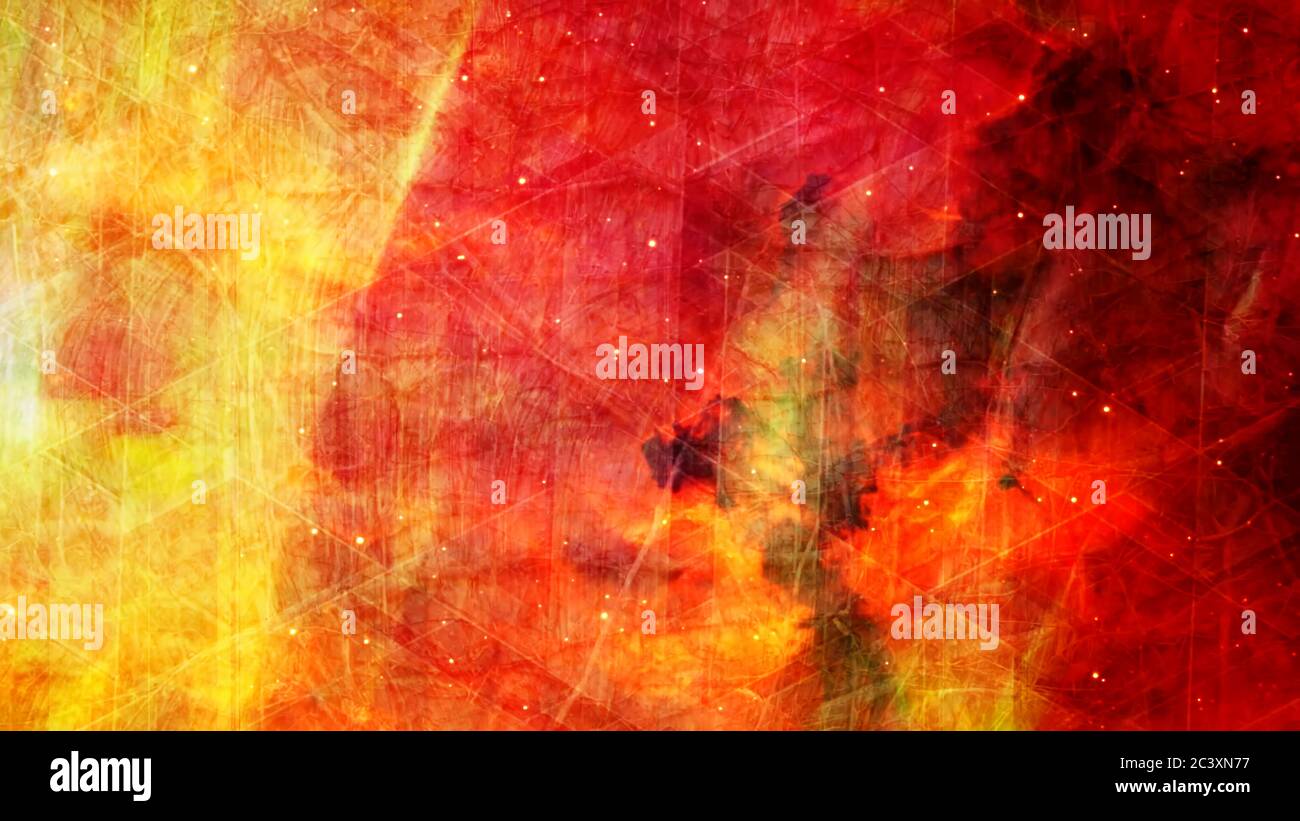 Feurige Wolken und Geometrie mit leuchtenden Sternen im Himmel - abstrakte Hintergrundtextur Stockfoto