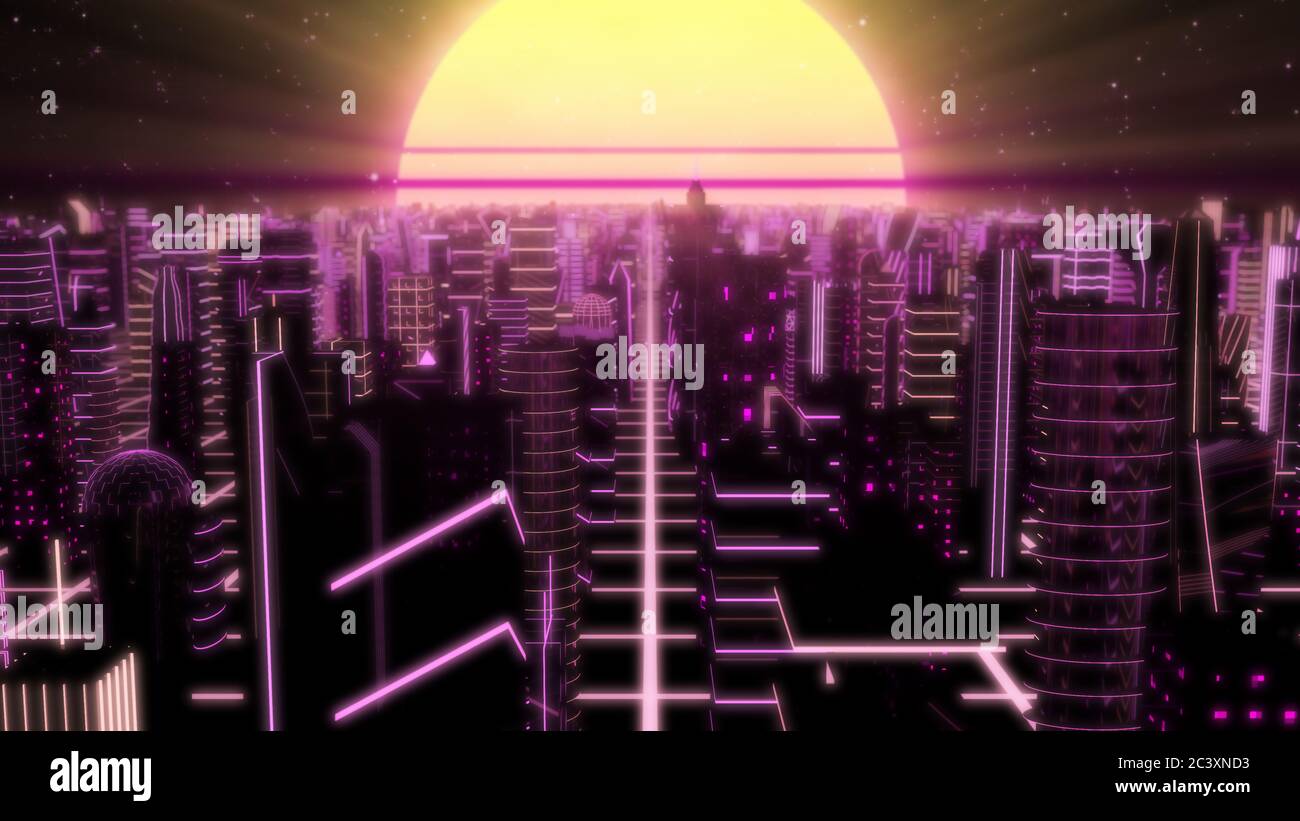 Fliegen Sie durch Neon City Outrun Synthwave Gebäude mit 80er Retro Sun - abstrakte Hintergrundtextur Stockfoto