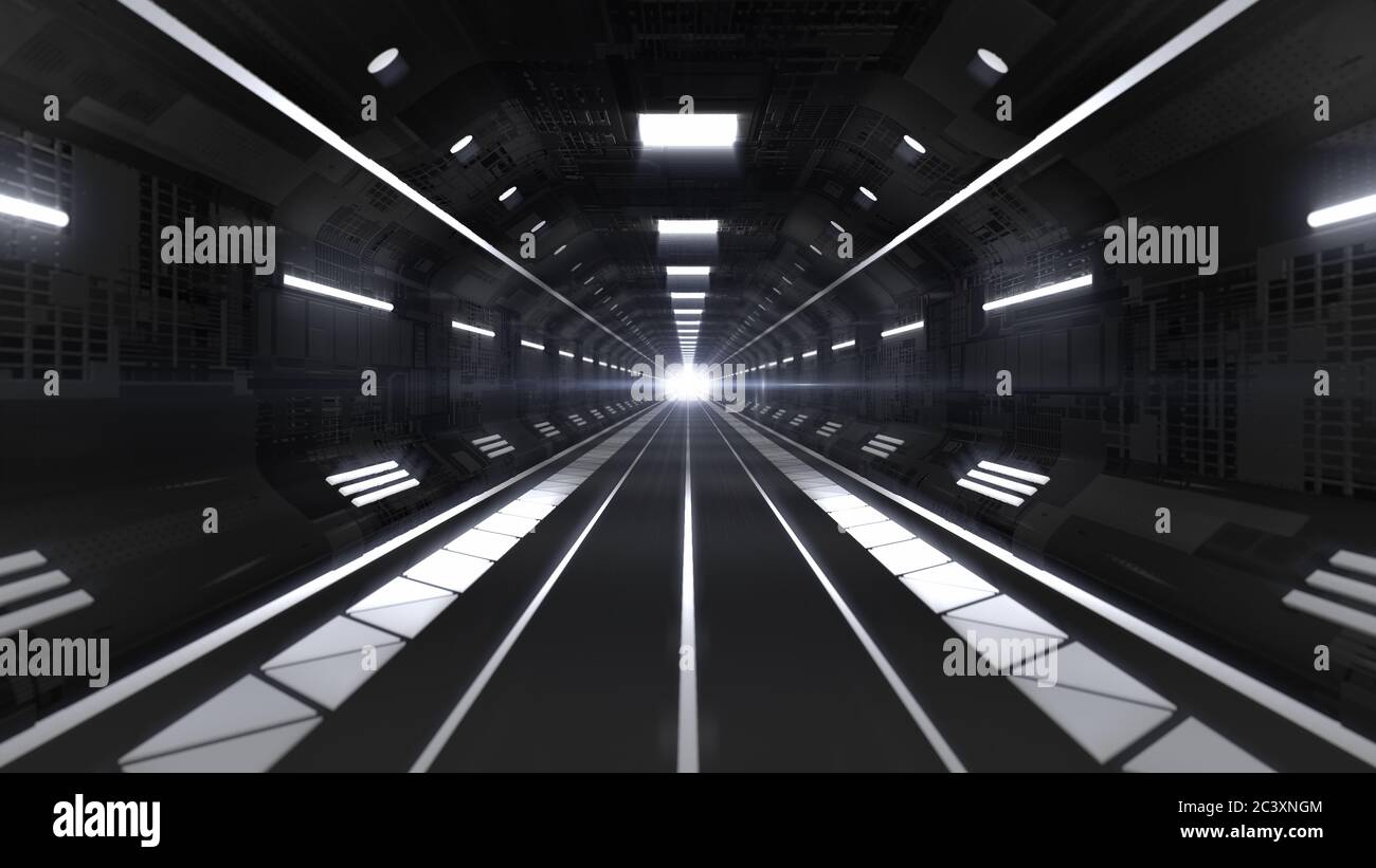 Fliegen durch futuristische Raumschiff Tunnel Korridor Sci-Fi Konzept - Abstrakt Hintergrund Textur Stockfoto