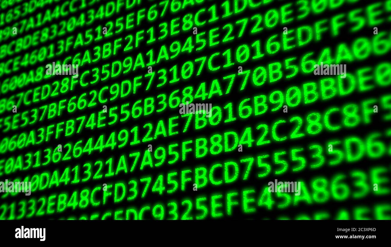 Hexadezimal Code Programm Ziffern auf Dark Computer Monitor Bildschirm - Abstract Hintergrundtextur Stockfoto