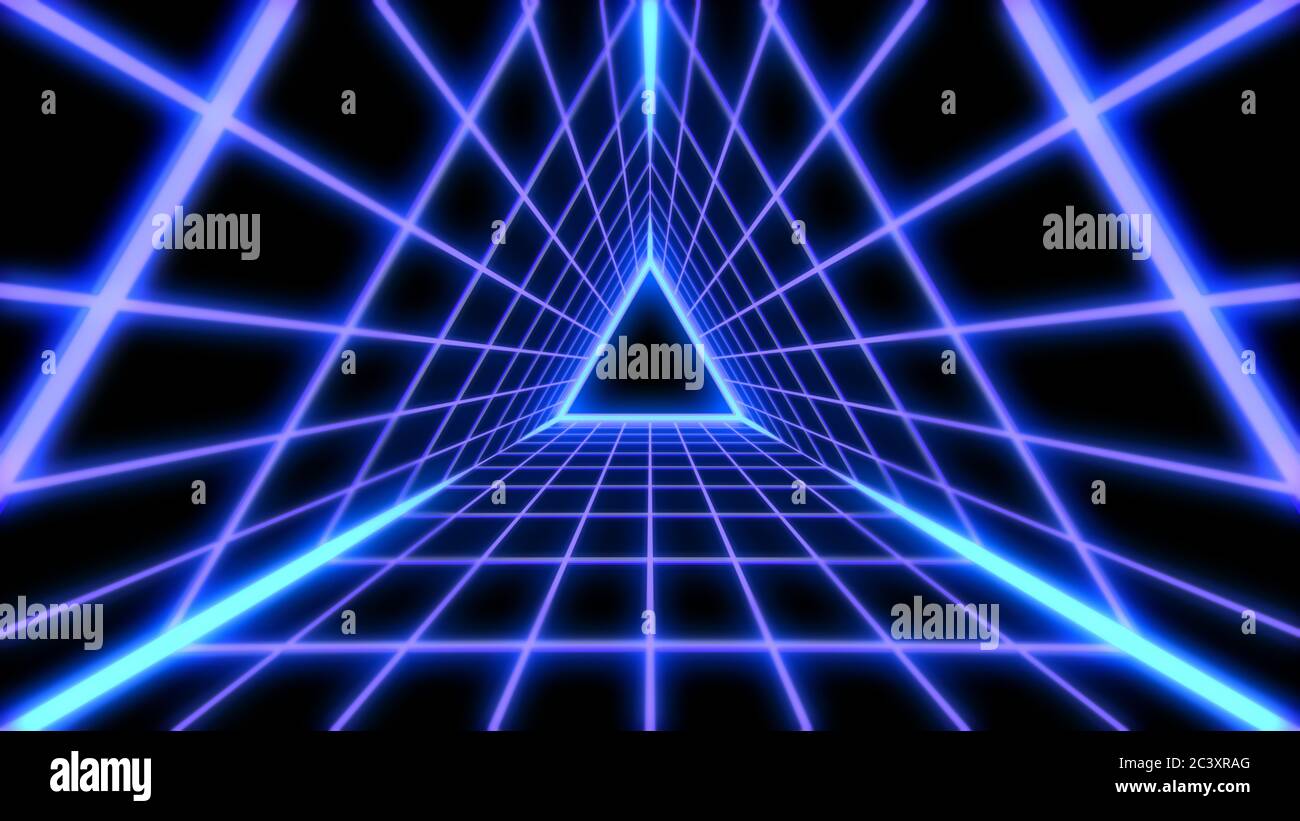 Retro futuristische 80s Vaporwave Triangle Grid Synthwave Tunnel - Abstrakte Hintergrundtextur Stockfoto