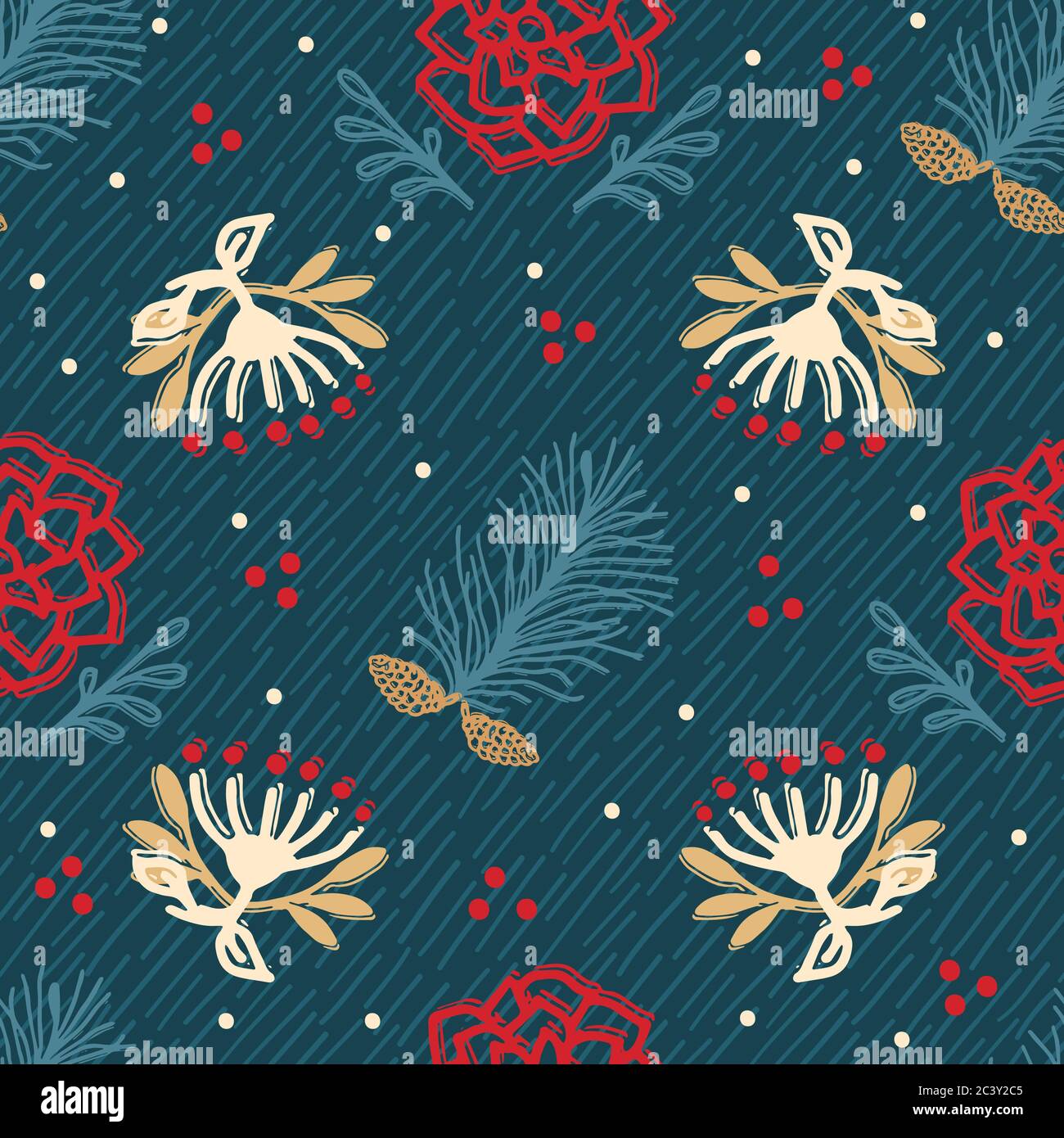 Handgezeichnetes abstraktes Weihnachtsbaummuster. Gechleudert Tannenbaum Zweig, poinsettia Blume Hintergrund. Winterurlaub überall Druck. Festliches Geschenk Stock Vektor