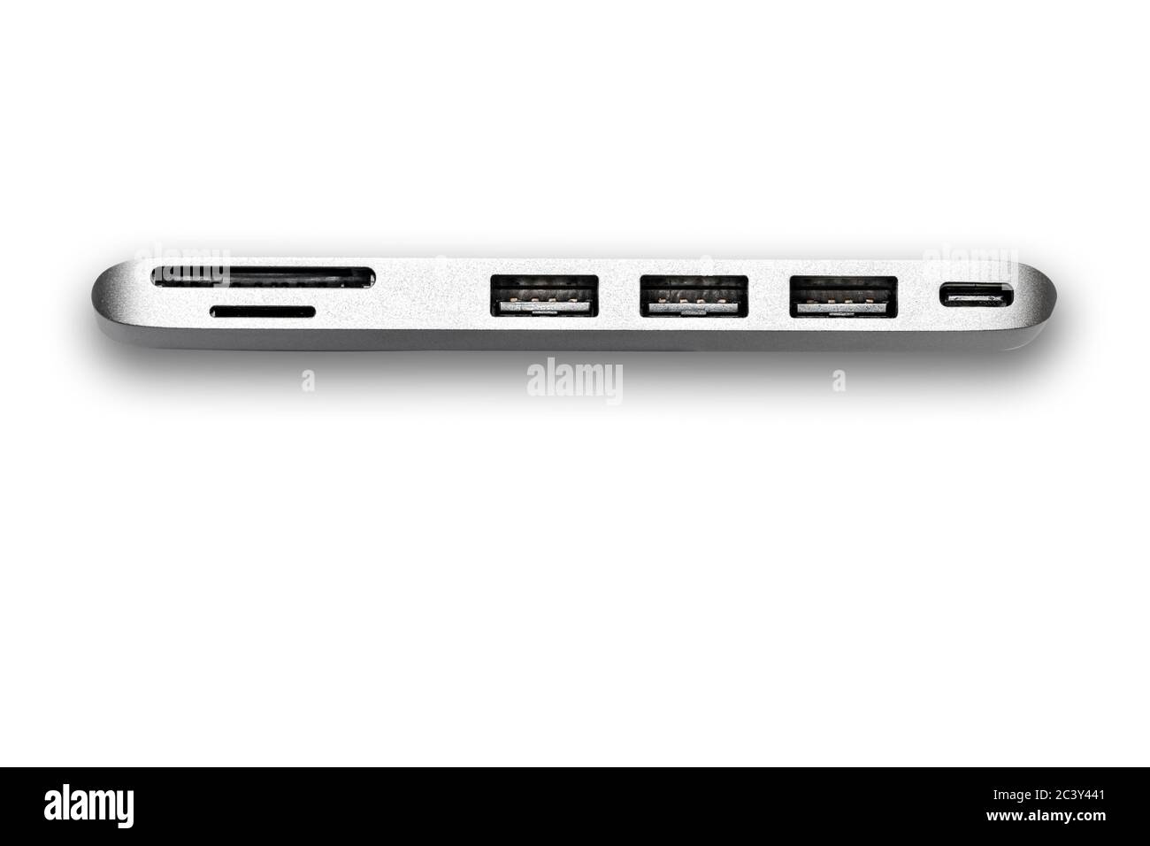Nahaufnahme eines Multi Hub Adapters mit Kartenleser und 3 USB 3.0 Ports für Laptop. Stockfoto