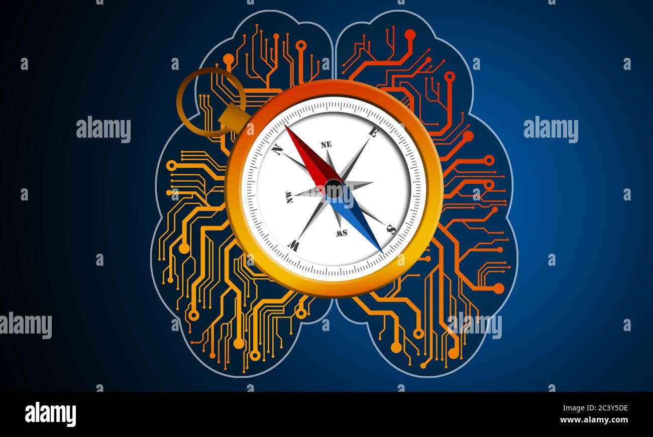 Menschliches Gehirn und Kompass in blauem Hintergrund, 3d-Rendering Stockfoto