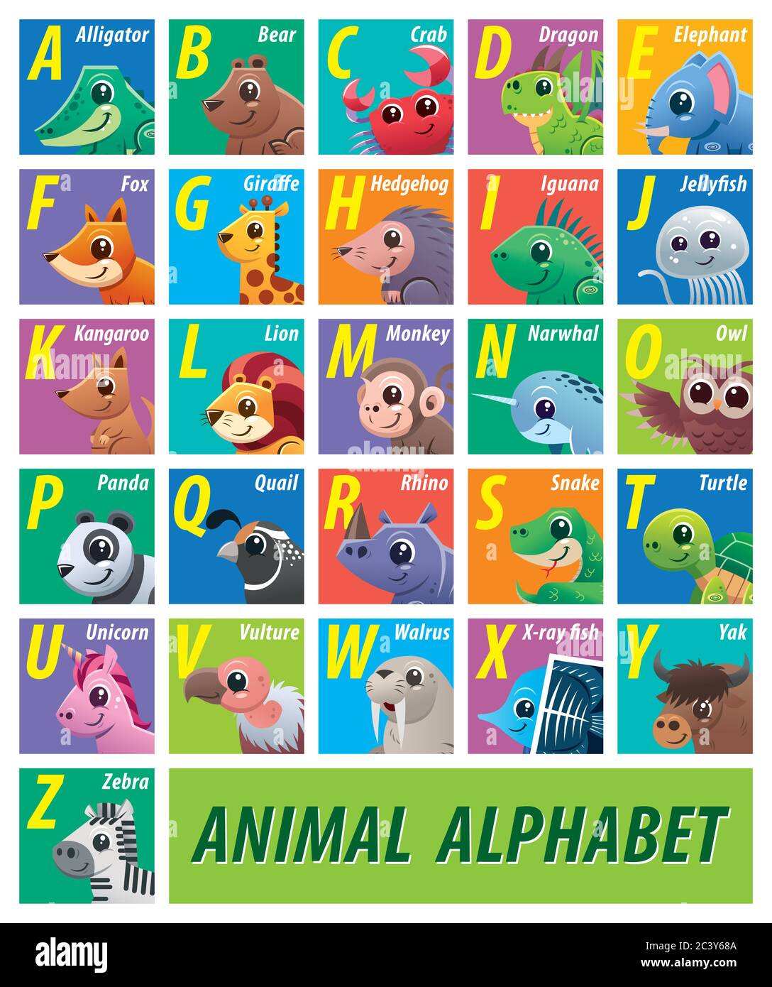 Vektor-Illustration von Tieren Alphabet für Kinder. Bildung für Kleinkinder. Tierzoo abc Alphabet. Stock Vektor