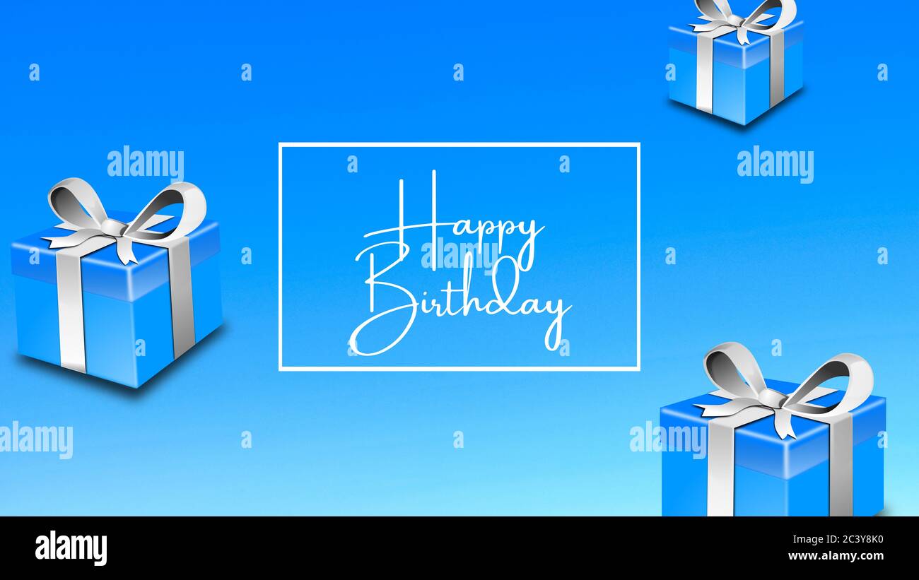 Illustration 3D mit dem Text Happy Birthday. Design, Poster, Vorlage oder Hintergrund für Geburtstag. Blaue Farben. Geeignet für Jungen oder Männer. Auto wird begrüßt Stockfoto