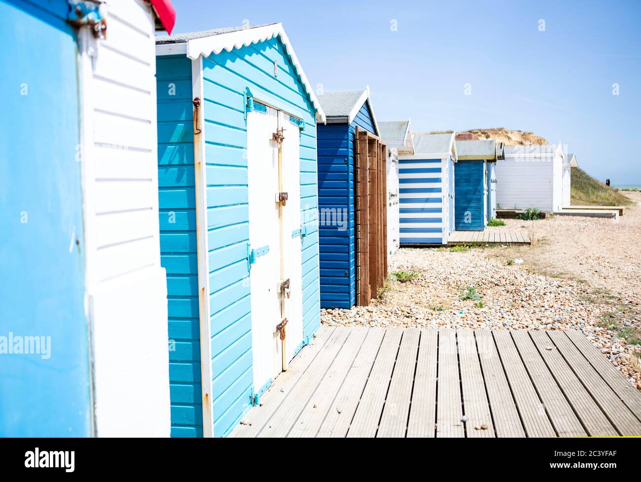Blue Beach Huts Stockfoto