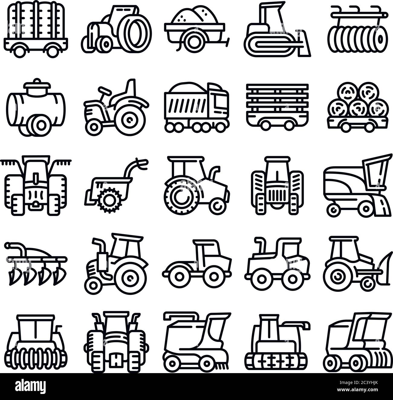 Landwirtschaftliche Geräte Symbole gesetzt. Gliederung der landwirtschaftlichen Ausrüstungen Vector Icons für Web Design auf weißem Hintergrund Stock Vektor