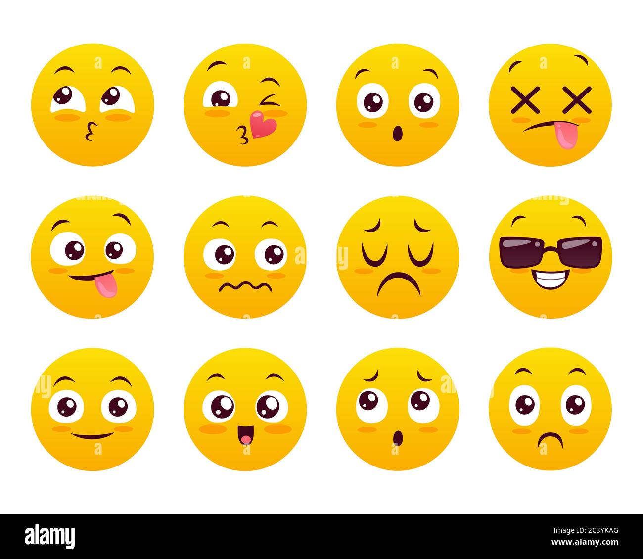 Symbole für Emoticons eingestellt. Klassische gelbe Emojis auf weißem Hintergrund isoliert. Niedlich und lustige Sammlung. Satz 4 von 5. Stock Vektor