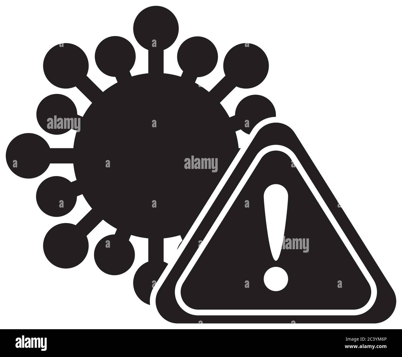 Partikelvirus covid 19 mit Warnsignal , Silhouette Stil Symbol Stock Vektor
