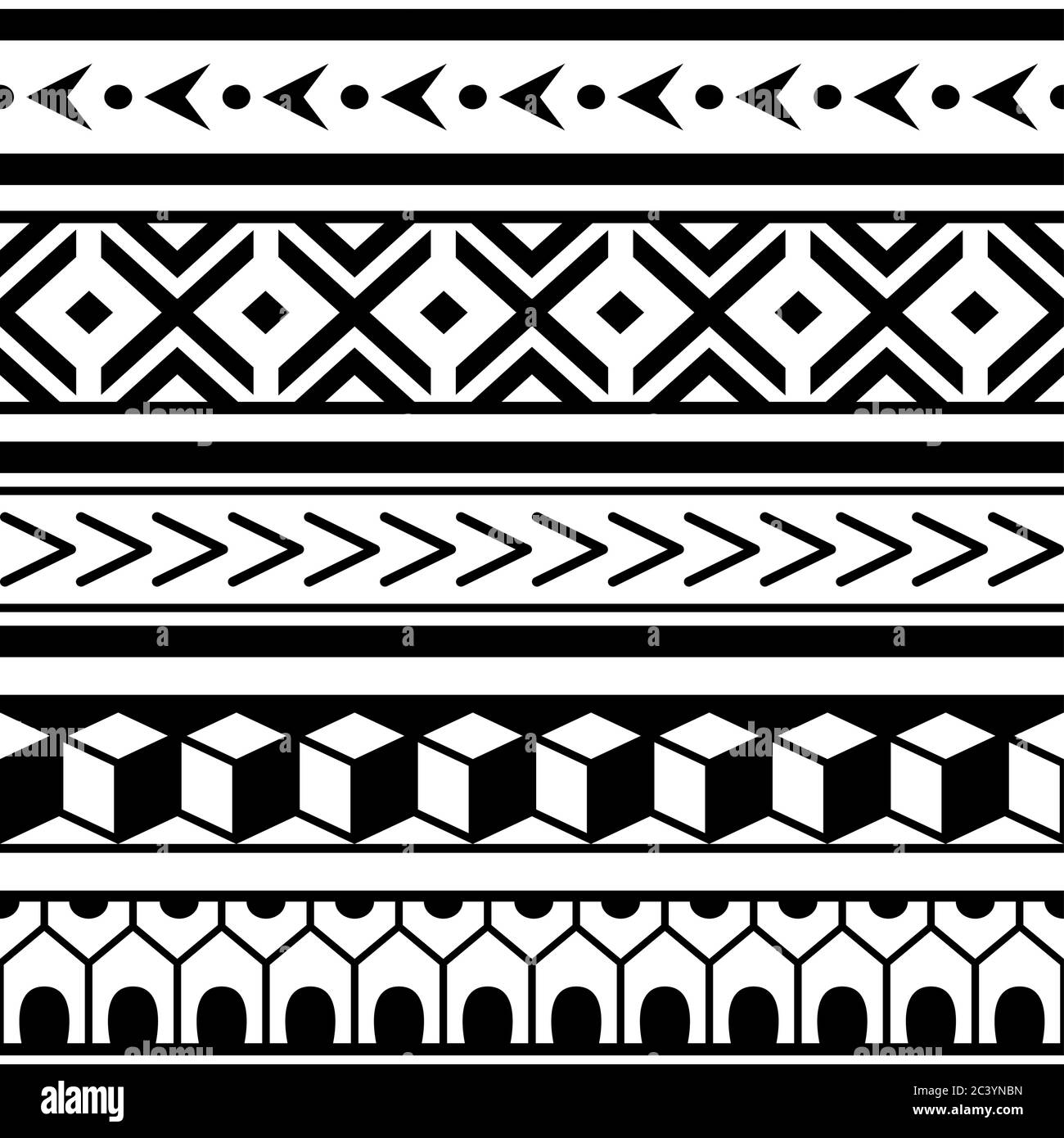 Polynesisches Maori geometrisches nahtloses Vektor-Muster, hawaiianisches Tribal-repetitives Design in Schwarz und Weiß Stock Vektor