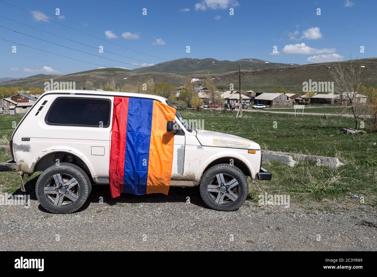 Straßensperre an der armenisch/georgischen Grenze, Tag der nationalen Streiks 2. Mai 2018 als neuer populärer Premierminister wurde nicht gewählt. Stockfoto