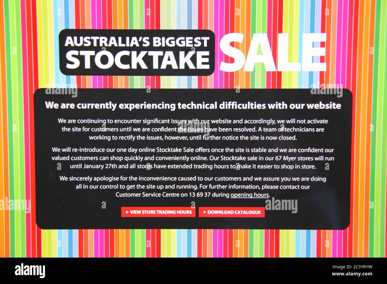 Online-Verkäufe waren nicht Teil der größten Stocktake Sale in Australien bei Myer, nachdem die Website erlebt technische Schwierigkeiten. Stockfoto