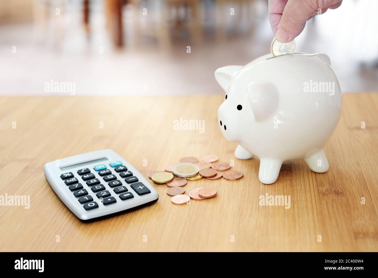 Hand setzt einen Euro in ein weißes Sparschwein auf einen Tisch mit mehr Münzen und einem Rechner, Economy-Konzept für Finanzen berechnen und sparen Haushol Stockfoto