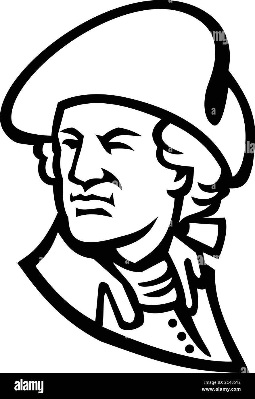 Schwarz-Weiß-Illustration der Büste eines amerikanischen Staatsmannes, Soldaten, erster Präsident der Vereinigten Staaten und Gründungsvater, George Washington VI Stock Vektor