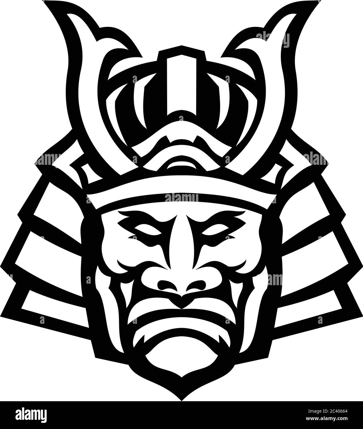 Schwarz-weiße Abbildung des Kopfes eines Samurai-Kriegers mit einem Mengu oder Mempo, eine Art Gesichtsrüstung von vorne auf isoliertem Hintergrund gesehen Stock Vektor