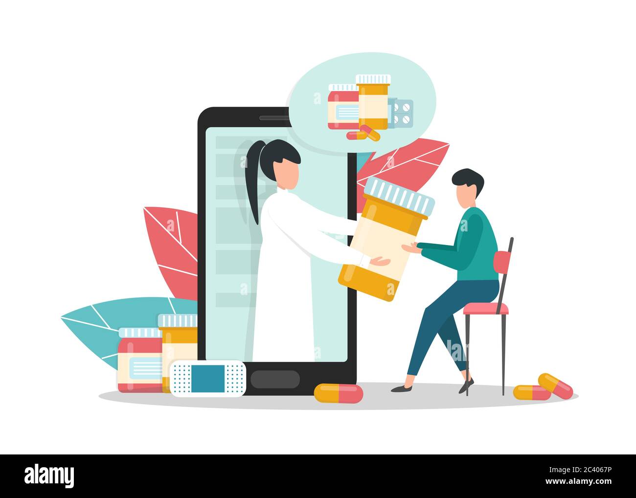 Online-Apotheke. Kreatives Vektorbild Des Arztes Apotheker, Der Dem Kunden Medizin Liefert Stock Vektor