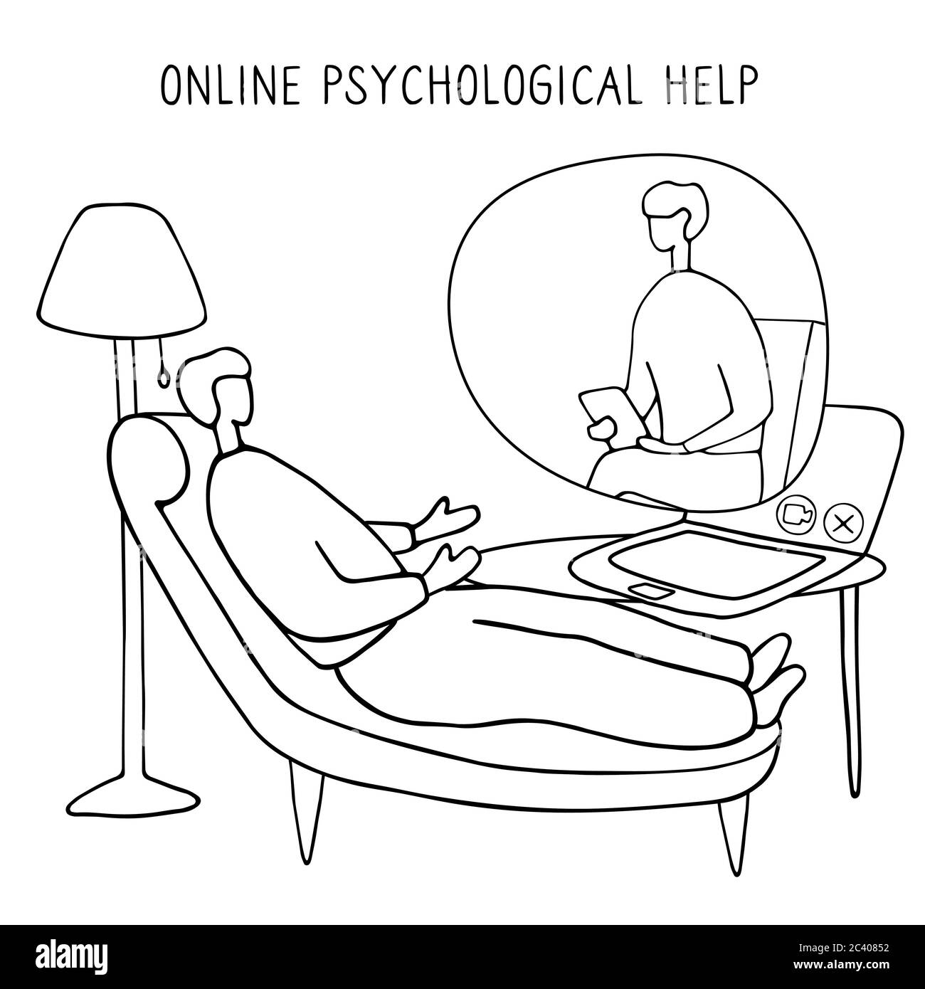 Mann bei der Psychologin Online-Sitzung. Arztberatung per Telefon. Videoanruf an Psychiater. Online-Psychotherapie. Handgezeichneter Vektorgrapp Stock Vektor
