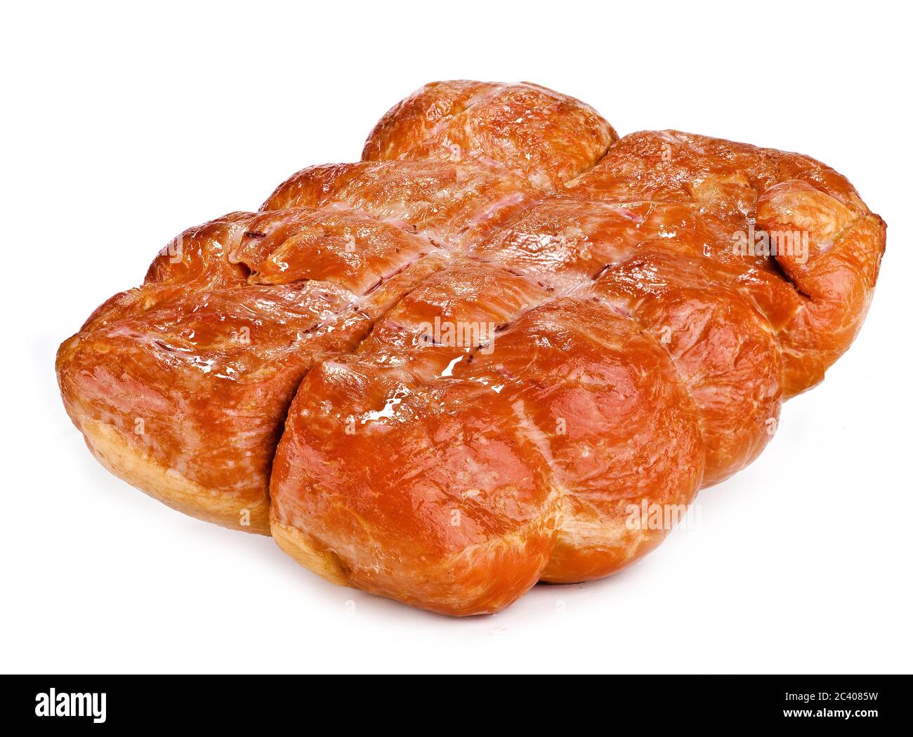Schinken, Schweinefleisch, Speck - geräucherter Schinken auf weißem Hintergrund. Schinkenscheiben. Stockfoto