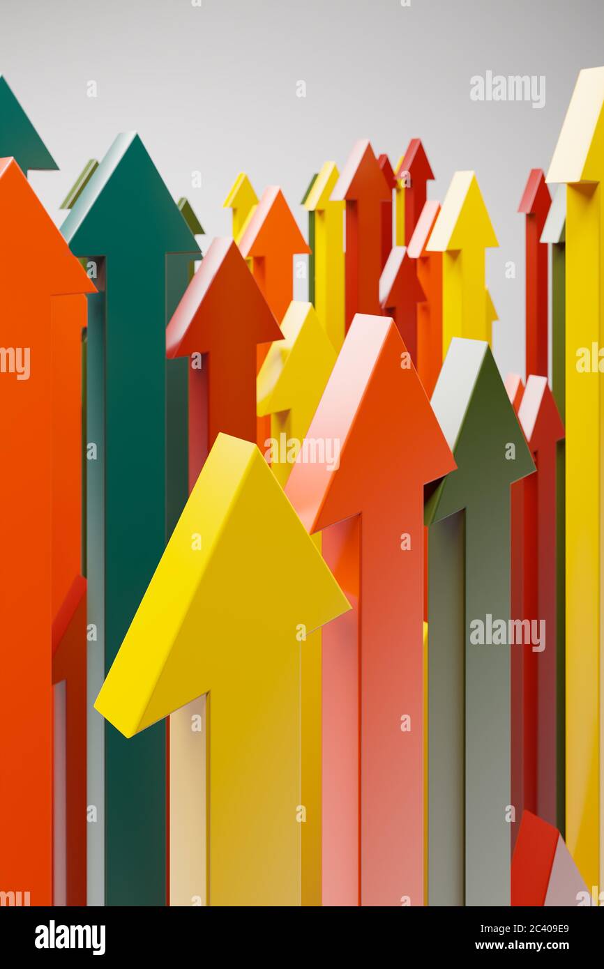 Pfeile in einem herbstlichen grün gelb orange roten Farbschema nach oben zeigen. Konzept für Erfolg Wachstumsleistungen Stockfoto