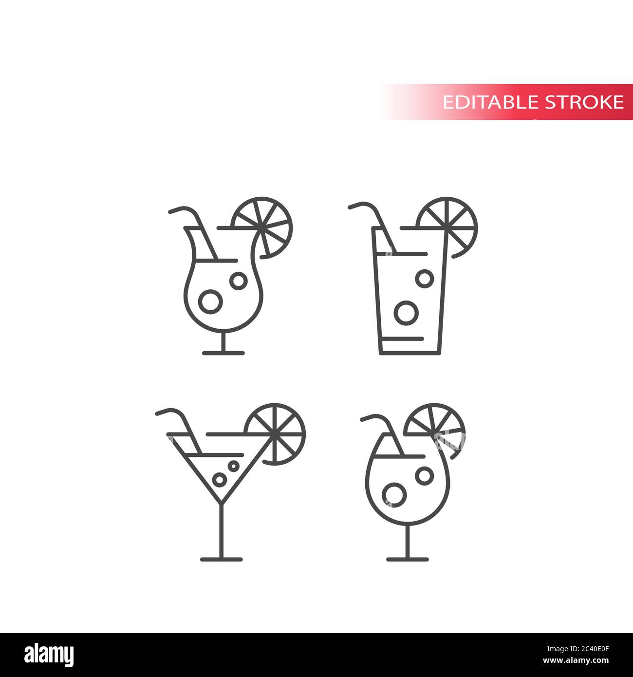 Cocktailgläser dünne Linie Vektor Icon Set. Cocktail-Glas mit Stroh und Zitronenscheibe umreiß Symbole, editierbare Kontur. Stock Vektor
