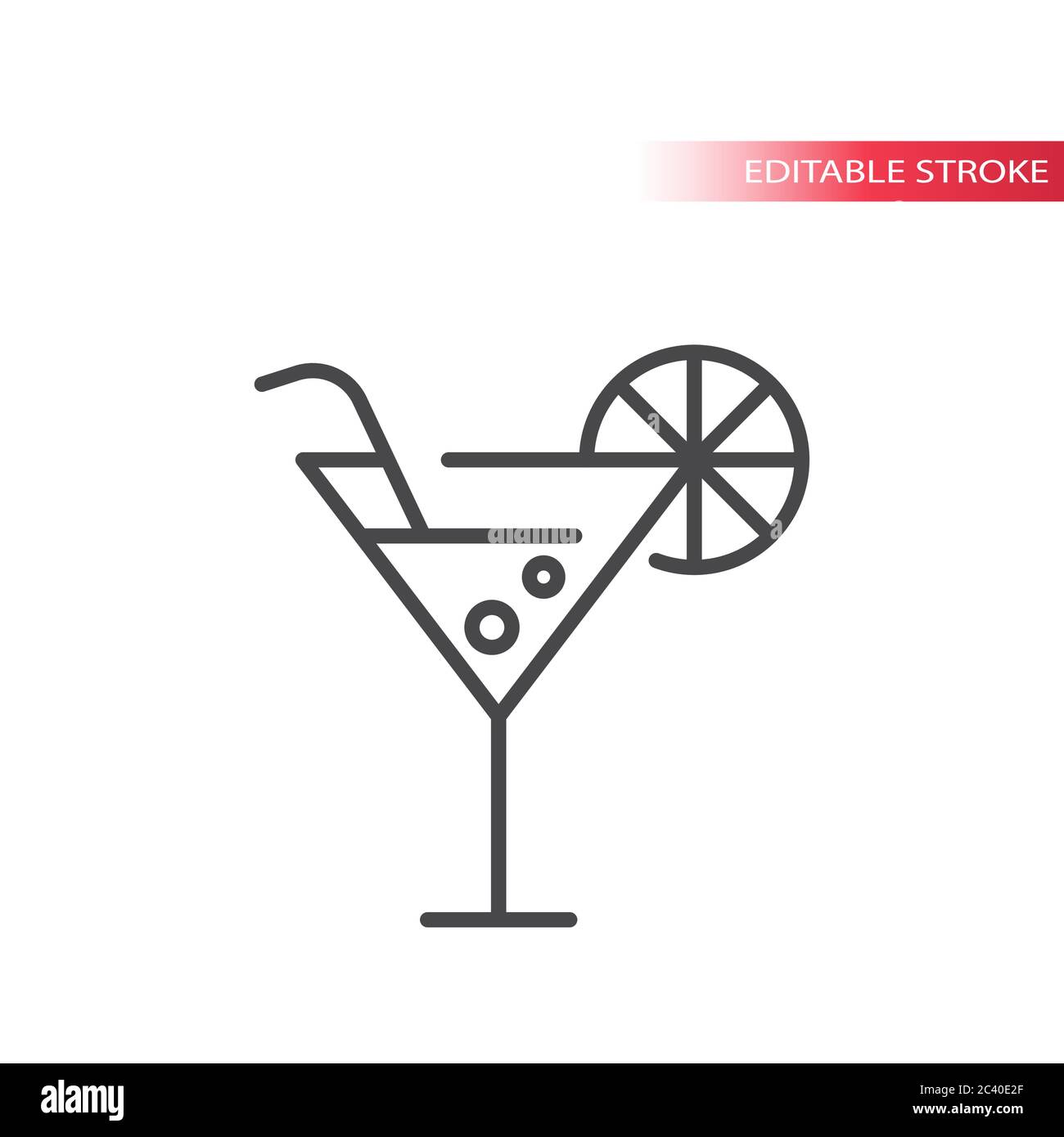 Cocktail- oder martini-Glas mit dünnen Linien als Vektorsymbol. Martini-Getränk mit Stroh und Zitronenscheibe Umriss Symbol, editierbare Kontur. Stock Vektor