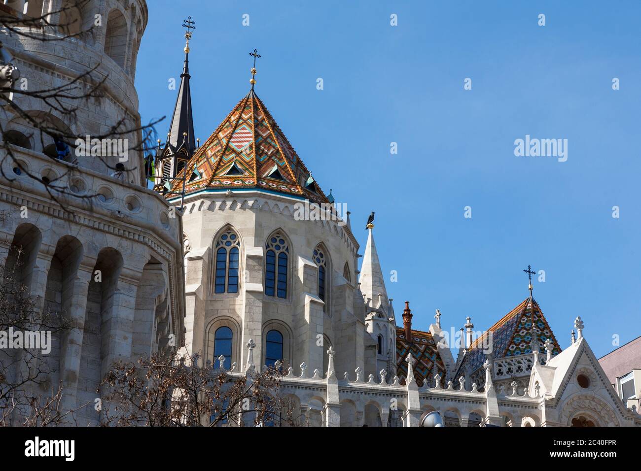 Detail von der Rückseite des Mátyás-Kirche und die Fischerbastei, Várhegy, Budapest, Ungarn Stockfoto