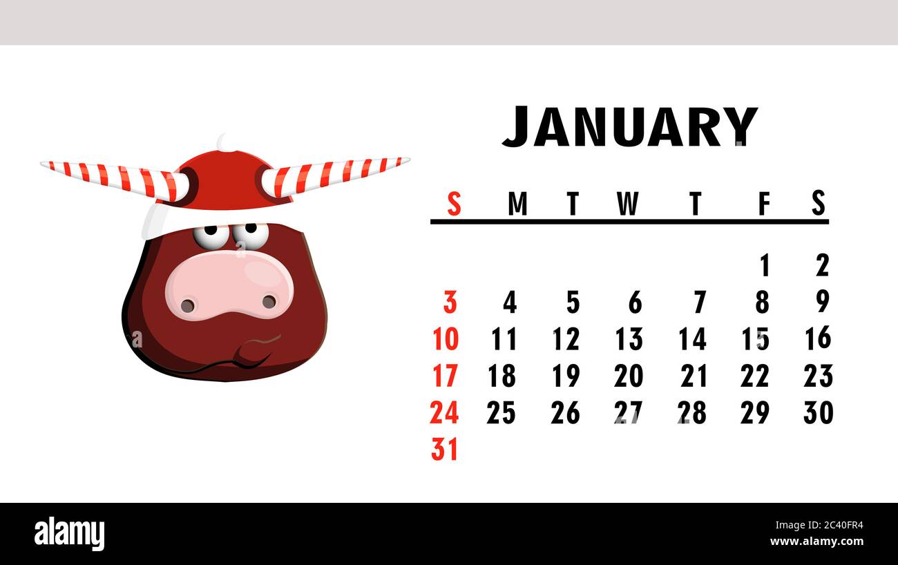 Januar 2021. Horizontaler Kalender mit Stieren oder Ochsen. OX-Zeichen... Stock Vektor