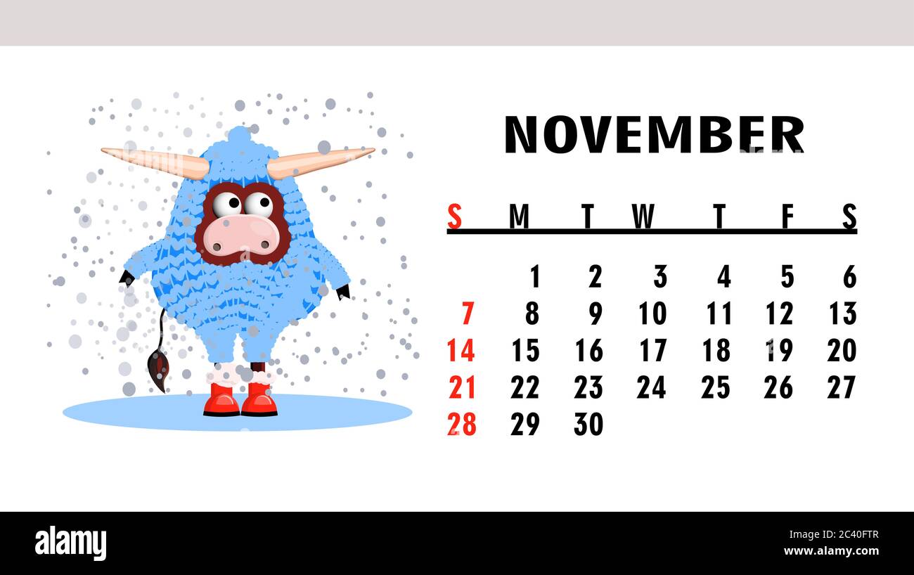 Kalenderseite 2021. Kalender horizontal mit Stieren oder Ochsen. OX Charakter.November. Stock Vektor