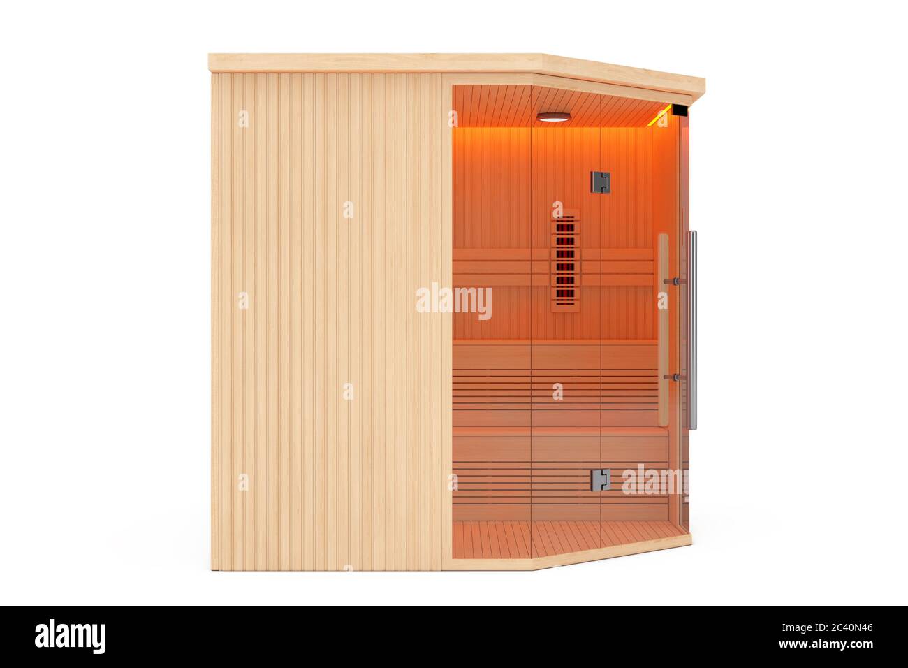 Klassische finnische Sauna-Kabine mit Infrarotkabine aus Holz auf weißem Hintergrund. 3d-Rendering Stockfoto