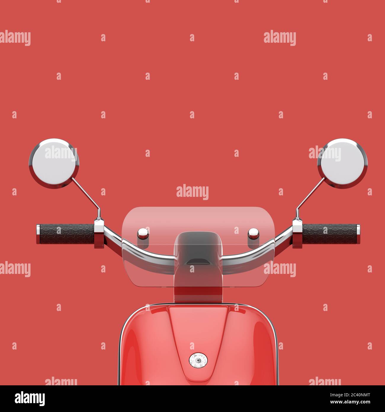 Rote Classic Vintage Retro Motor Bike oder Elektroroller Griff Bar Closeup auf einem roten Hintergrund. 3d-Rendering Stockfoto