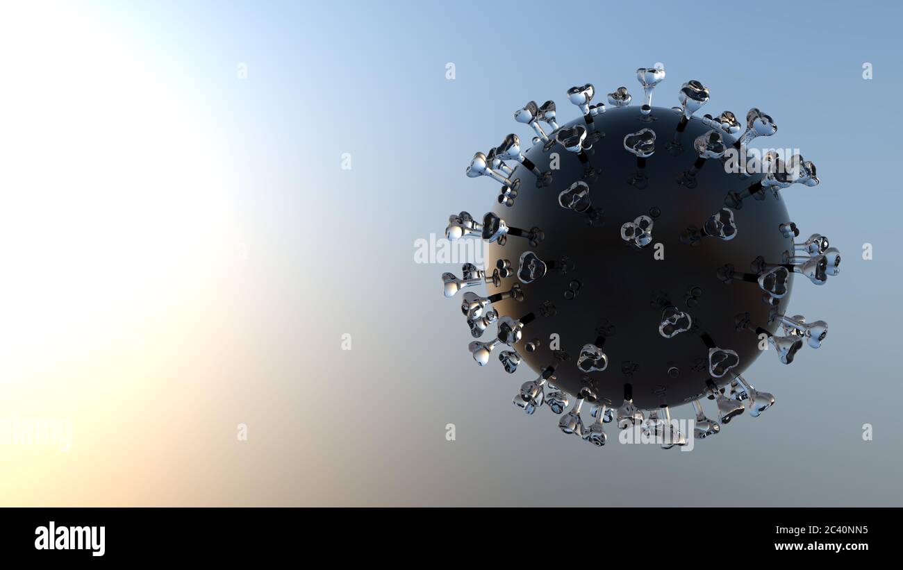Covid-19 Coronavirus-Moleküle unter dem Mikroskop. Banner mit Kopierbereich. 3D-Rendering Stockfoto